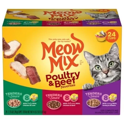 Comida húmeda para gatos Meow Mix tierna favorita con sabores de hígado y carne - 2,75 oz/24 quilates  Foto 1 de 3