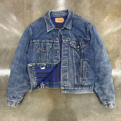 Vintage Levi’s 70411 9318 Blue Plaid Lined Denim Jacket Distressed Large 70/80s  - Image 1 of 4