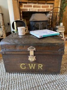 Antique Tin Trunk Japanning Paintwork GWR Brass Lock & Key Ideal Coffee Table