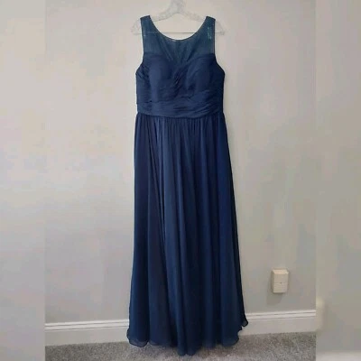 Azazie Formal Dress size 12 navy blue chiffon flowly lace top bridesmaid prom - Image 1 of 4
