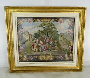 Antique French Small Needlepoint Tapestry  Galant Scene in courtyard of castle  - Picture 1 of 8