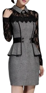 SAN FA MODE Kleid grau schwarz Spitze Schößchen Bodycon Mini MEDIUM - Bild 1 von 8