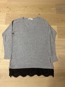 Promod Womens Grey V-Neck Fine Knit Jumper Black Lace Hem Size S/M - Picture 1 of 5