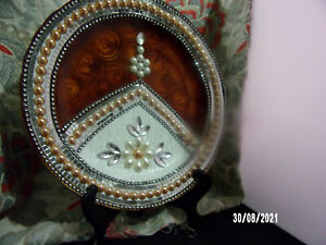 Decorative Studded Faux stones & pearls brown 11.5” Round plate L@@K!