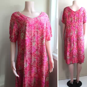 Blue Ginger A Line Dress L Red Pink Green Rayon Batik Boho Knee S/S Back Zip - Picture 1 of 10