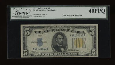 DBR 1934-A $5 North Africa Silver Fr. 2307 Legacy XF-40 PPQ Serial K54178847A - Image 1 of 2