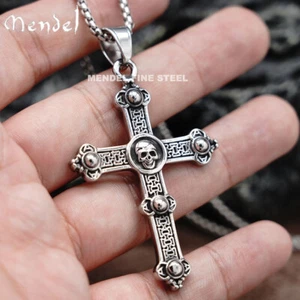 MENDEL Mens Stainless Steel Gothic Biker Skull Punk Cross Pendant Necklace Men - Picture 1 of 9