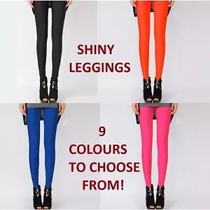 Womens Shiny Neon Leggings Fluro Stretch Metallic Pants Black Pink Dance Yoga - Picture 1 of 21