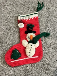 Vintage selbstgemachter gehäkelter Weihnachtsstrumpf Oma Schneemann Frosty Frostie - Bild 1 von 4
