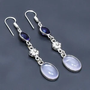 Rose Quartz, Amethyst Handmade Gemstone Jewelry Earring 2.46" Q488 - Picture 1 of 3
