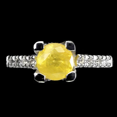 925 Anello Argento Sterling Rotondo Giallo Zaffiro 6mm Topazio Gemma Misura 6 - Immagine 1 di 4