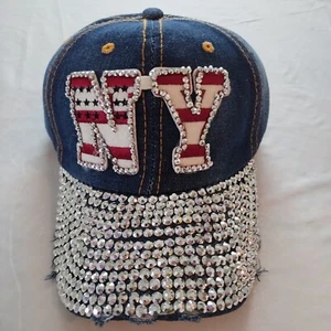 Sombrero de jean con NY Bling HOTFIX TRANSFERENCIA DE CALOR DIAMANTES DE IMITACIÓN. Nuevo - Imagen 1 de 17
