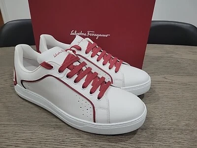 Salvatore Ferragamo Manhattan Blanco Rojo Cuero Hombres Tenis Zapatos Gancini 11 Foto 1 de 4