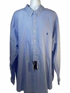 Ralph Lauren Long Sleeve Button Down Shirt Men 4XL Blue White Plaid NWT Stretch - Picture 1 of 24