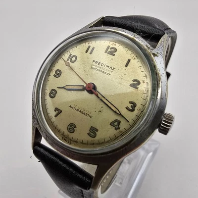 PRECIMAX MENS WATCH STAINLESS STEEL SWISS VINTAGE MILITARY 17J MANUAL WINDING. - Image 1 of 4