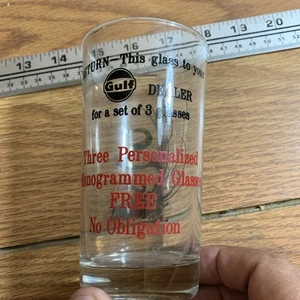 1960s GULF GAS STATION MONOGRAMMED GLASSES OFFER W/ GLASS & PAPER ADVERTISING - Picture 1 of 6