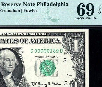 1963A $1 Philadelphia LOW Serial Number • 1901-C • PMG 69 EPQ • ((TOP POP 2/0)) - Image 1 of 3