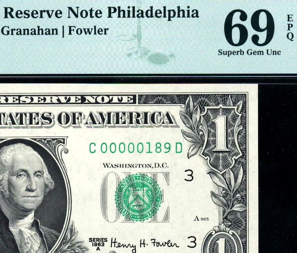 1963A $1 Philadelphia LOW Serial Number • 1901-C • PMG 69 EPQ • ((TOP POP 2/0)) - Image 1 of 3