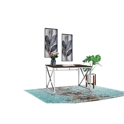 Escritorio de oficina marrón de 47 pulgadas | Tapa de madera de ingeniería y patas cromadas en forma de H Foto 1 de 4