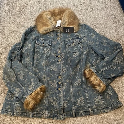 Lane Bryant 蓝色牛仔牛仔夹克人造毛皮女式 18/20 码全新带标签 Y2K 复古 — 第 1/4 张图片