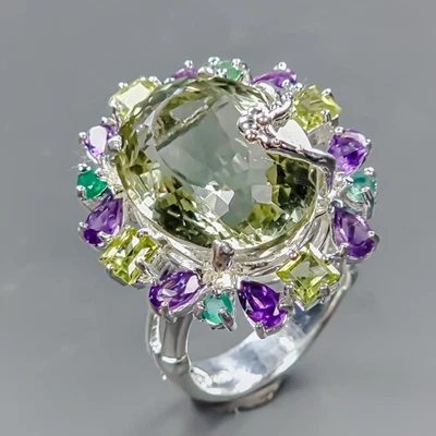 Handmade 18ct+ Natural Green Amethyst Ring 925 Sterling Silver Size 8.5 /R431803 - Image 1 of 4