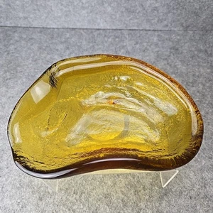Vintage Blenko Art Glass Freeform Amoeba Bowl Dish Ashtray Textured Yellow Amber - Picture 1 of 12