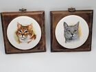 Vtg Set Of 2 Cat Portraits Tile On Wood Transfer 1970s Style Ceramic Wood Wall 