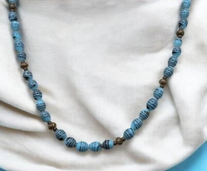 Vintage Blue Beaded Necklace Black Striped Bead Accents Boho Art Coastal Beach - Picture 1 of 8