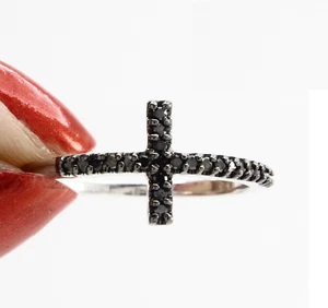 0.13 Ct Black Real Diamond Wedding Cross Band Ring 14k White Gold Plated Sz 8 - Picture 1 of 4