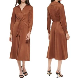 Calvin Klein Faux Suede Midi Dress Size 2 Neutral Brown Feminine Elegant Classic - Picture 1 of 12