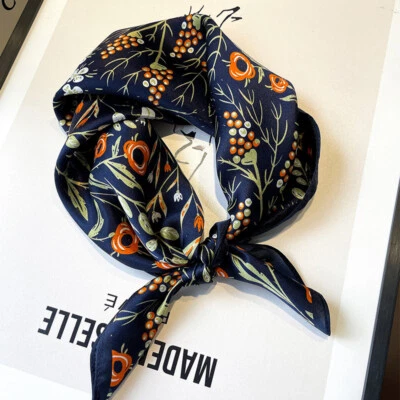 100% Silk 21" Square Scarf Women Neckerchief Wrap Kerchief Bandana Gray Flower - Image 1 of 4