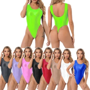 Women's Glossy One Piece Swimsuit High Cut Backless Thong Leotard Swimwear - Picture 1 of 82
