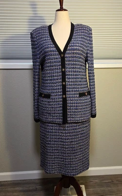 Traje Falda St John By Marie Gris Negro Azul Tweed 14/16 Foto 1 de 4