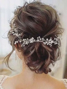 Wedding Headband Pearl Tiara for Brides, Pearl Leaf Hair Vine Bridal Head Wreath - Picture 1 of 9