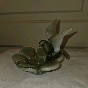 Vintage Murano Bird on Flower Dish Ashtray Hand Blown Green & White Candy Dish - Picture 1 of 8