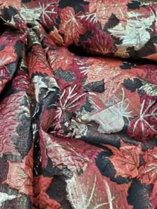 "Jacquard Brocade Fabric – White with Burgundy & Metallic Gold Maple Leaves – So - Bild 1 von 16