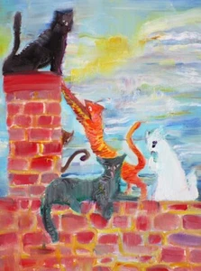 CINCO GATOS EN EL TECHO - pintura al óleo - PÓSTER - ¡varios tamaños! estampado gato callejero - Imagen 1 de 7