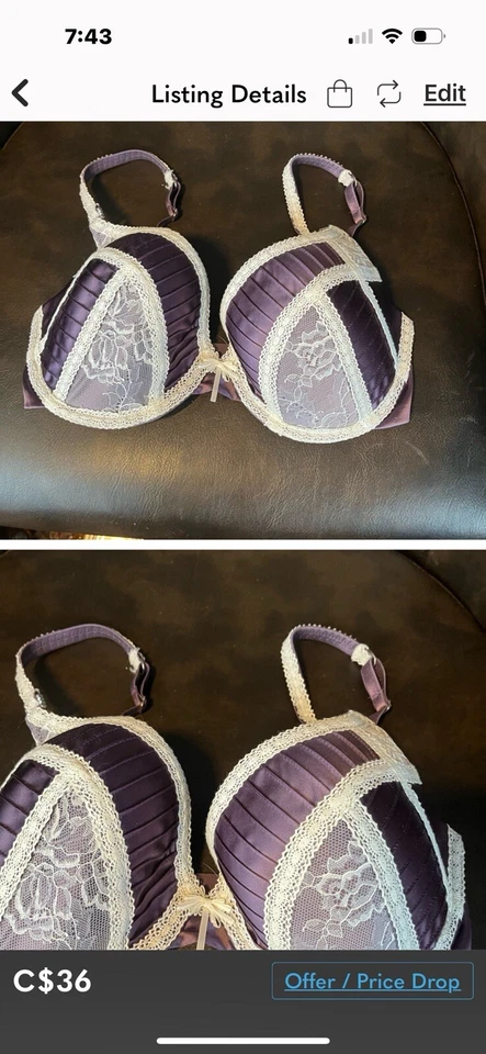 Sujetador push-up acolchado plisado de encaje púrpura/blanco Pleasure State Couture talla 34DD Foto 1 de 3