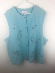 Vintage Christoper Banks Vest SZXL Light Blue Embroidered Cats Yarn Ball A10 - Picture 1 of 6