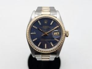Vintage $10,000 ROLEX DATE 34mm BLUE DIAL 18k Yellow Gold SS MENS Watch SERVICED - Picture 1 of 5