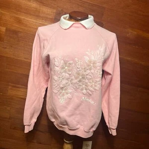 VINTAGE 80s Morning Sun Coquette Grannycore Sweatshirt Accent Collar Pink Large - Picture 1 of 8