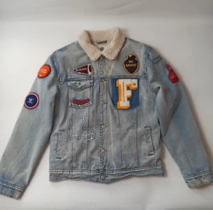 Franklin Marshall Herren Denim Varsity Jacke Fleece gefüttert Sherpa - Größe L - Bild 1 von 21