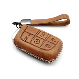 Brown Leather 5 Buttons Key Fob Cover For Dodge Jeep Grand Cherokee Chrysler - Picture 1 of 7