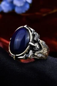 Men's 925 Sterling Silver Ring, Blue Tiger Eye Stone Men's Silver Ring - Picture 1 of 6