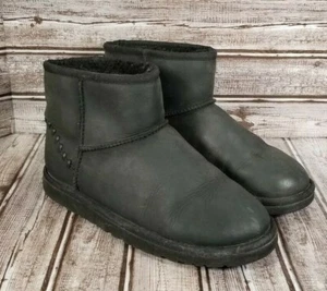 UGG Australia Men's 6 Classic Mini Stitch Deco Boots Black Leather Sheepskin - Picture 1 of 9