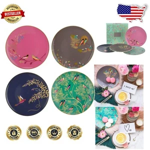 Sara Miller Chelsea Floral Cake Plates - 8-Inch Gold-Trimmed Dessert Set of 4 - Picture 1 of 11