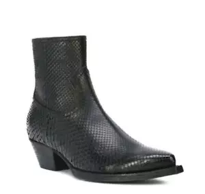 Mens Pointy Toe Genuine Leather Snakeskin Chunky Zip Motor Chelsea Boots Shoes - Picture 1 of 6
