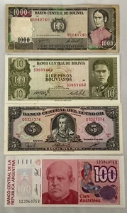 Vintage Bolivia Pesos Ecuador Sucres Argentine Australes Crisp Bank Notes - Picture 1 of 2