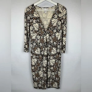 Diane von Furstenberg Elena Kleid Seidenjersey 3/4 Ärmel beige geblümt Größe 4 - Bild 1 von 10