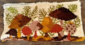 Vintage Mushroom Latchhook Yarn Tapestry 70s Handmade 31” x 16” Wall Hanging Art - Picture 1 of 10